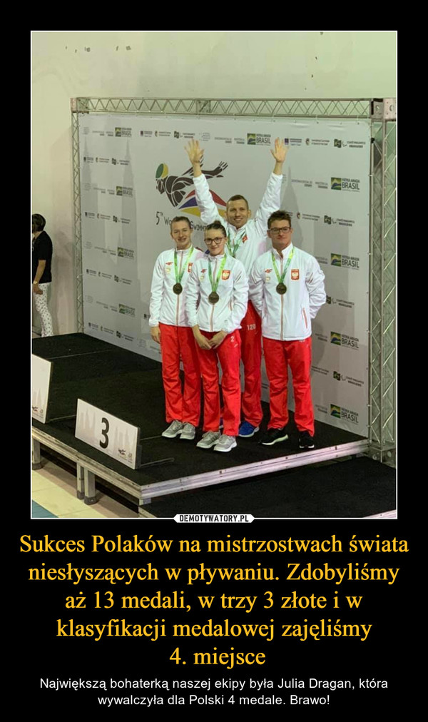 Sukces Polaków na mistrzostwach świata niesłyszących w pływaniu. Zdobyliśmy aż 13 medali, w trzy 3 złote i w klasyfikacji medalowej zajęliśmy 4. miejsce – Największą bohaterką naszej ekipy była Julia Dragan, która wywalczyła dla Polski 4 medale. Brawo! 